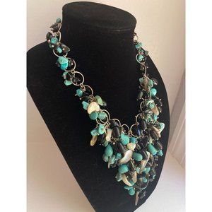 Black Obsidian/ Blue Dyed Howlite/Faceted Crystal/Shell Statement Bib Necklace